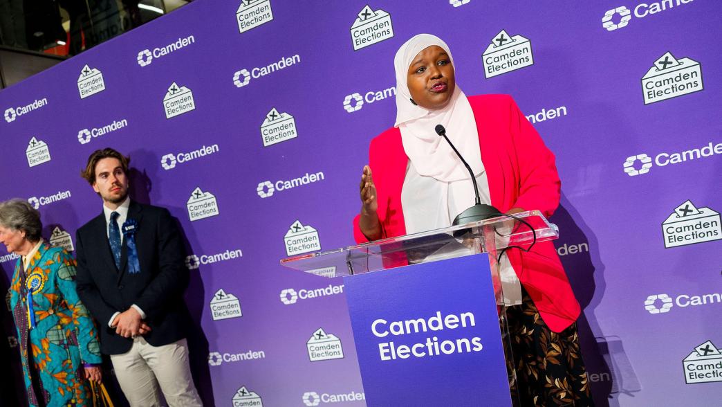 Camden Council leader Sagal Abdi-Wali (right) and Green Party leader Zack Polanski (far left) during the declaration during the Holborn and St Pancras by-election following the count at the headquarters of Camden Council at 5 Pancras Square in Camden, north London. The by-election was triggered by the resignation of former prime minister and Labour leader Sir Keir Starmer. Picture date: Friday October 9, 2026.