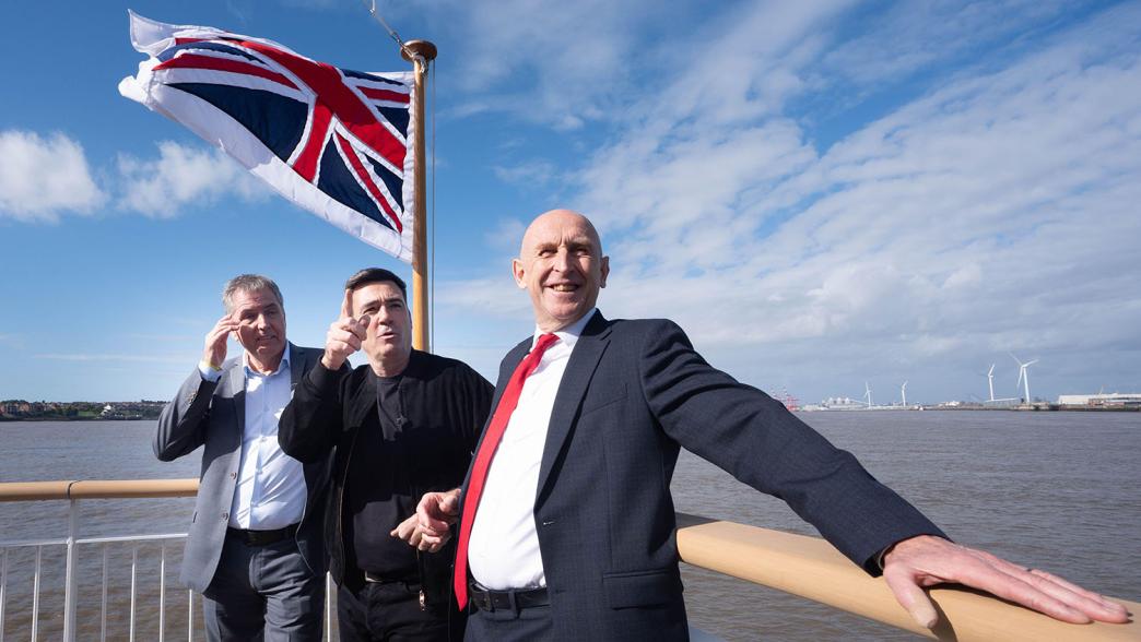 (left to right) Liverpool City Region Mayor Steve Rotheram, Prime Minister Andy Burnham and Chancellor of the Exchequer John Healey on the new Royal Daffodil Ferry.