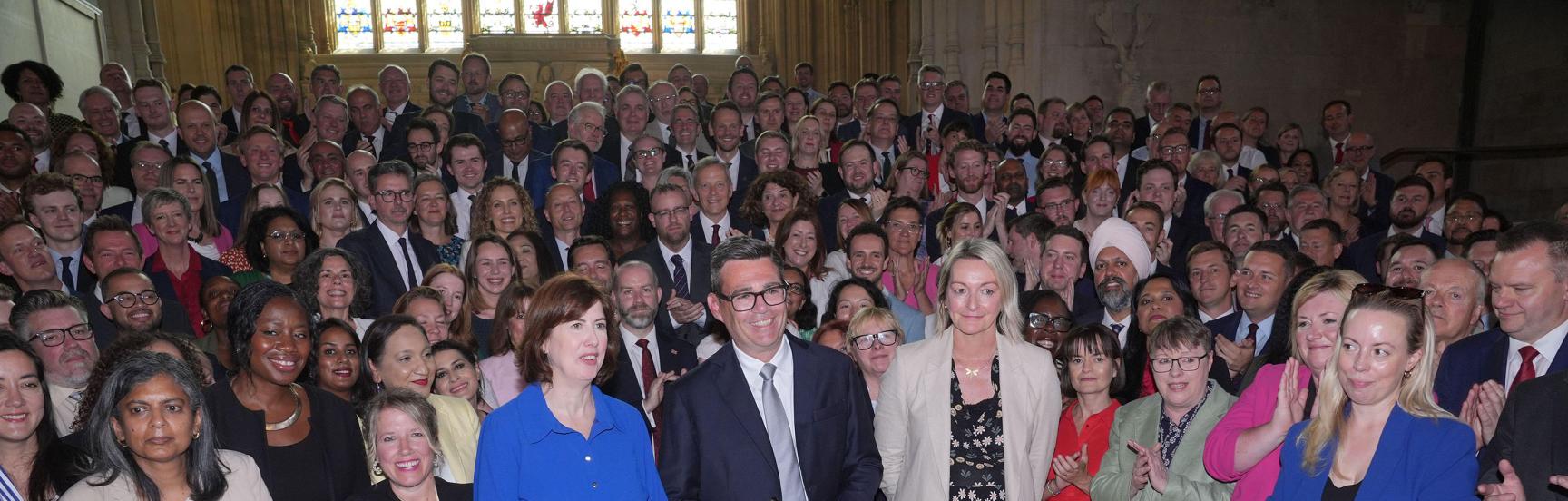 Andy Burnham with colleagues from the Parliamentary Labour Party in Westminster Hall at the Houses of Parliament in central London, as he returns to the House of Commons to take up his seat after winning the Makerfield by-election. 