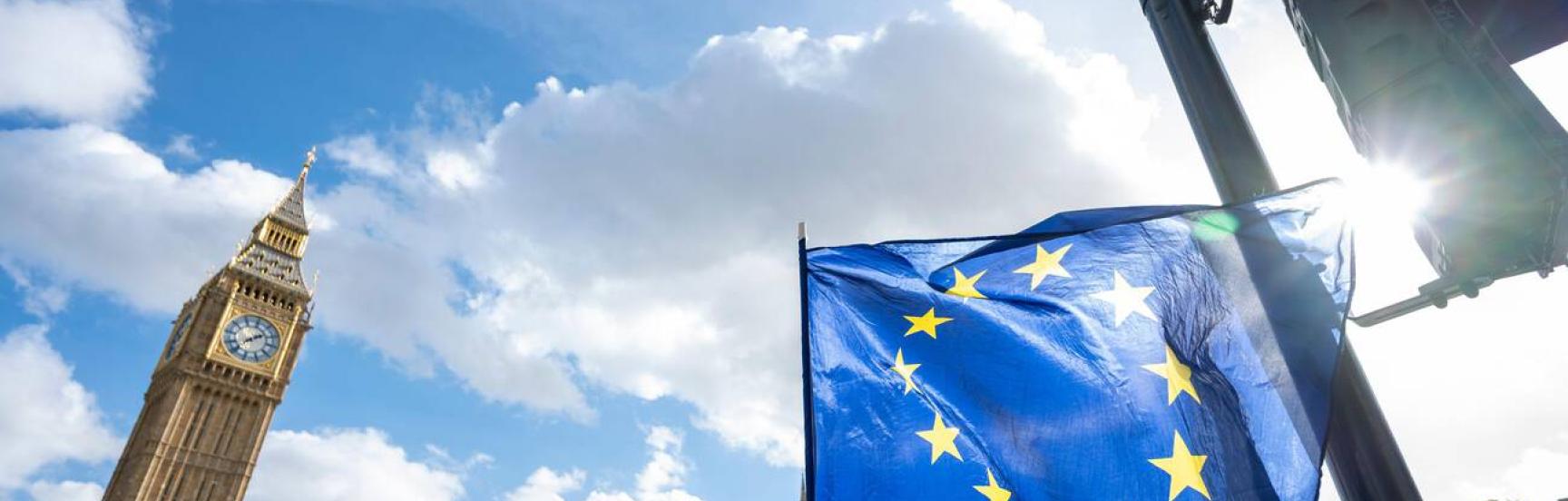 EU flags waving outside parliament.