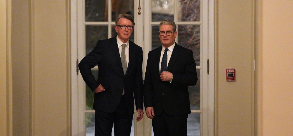 British Prime Minister Keir Starmer, right, talks with Britain's ambassador to the United States Peter Mandelson during a welcome reception at the ambassador's residence on Wednesday, Feb. 26, 2025 in Washington.