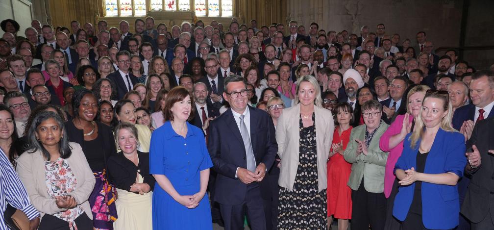 Andy Burnham with colleagues from the Parliamentary Labour Party in Westminster Hall at the Houses of Parliament in central London, as he returns to the House of Commons to take up his seat after winning the Makerfield by-election. 