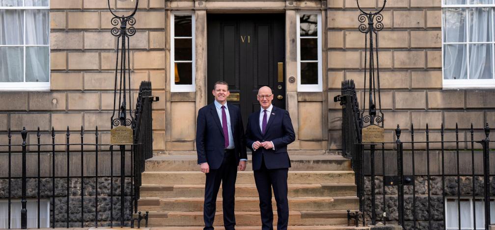 First Minister John Swinney greets Plaid Cymru Leader Rhun ap Iorwerth ahead of a meeting at Bute House in Edinburgh.