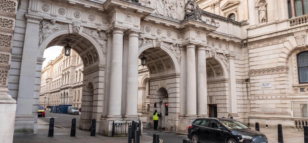 The classical architecture of UK government buildings in the UK capital's political district in Westminster.