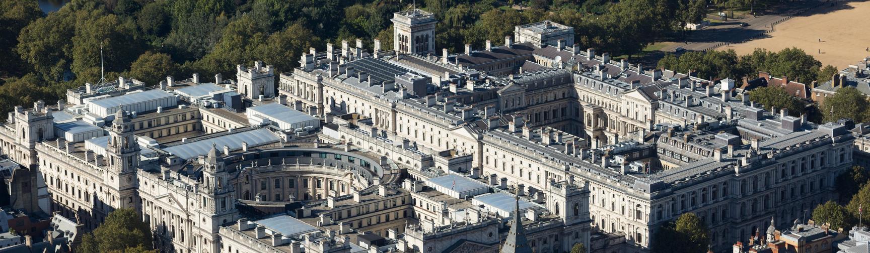 An aerial view of Whitehall and Westminster.