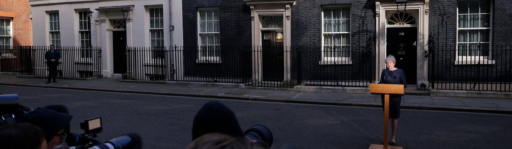 Prime Minister Theresa May makes a statement in Downing Street, London, announcing a snap general election to be held on June 8 2017.