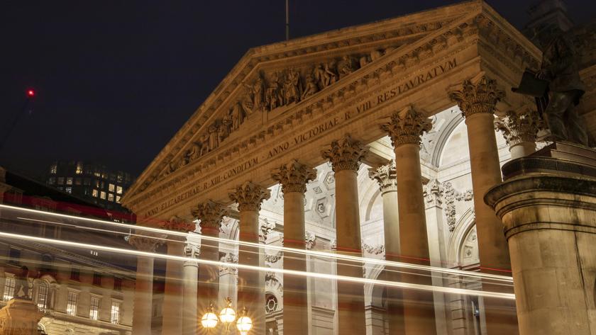 The Bank of England in London at nighttime.