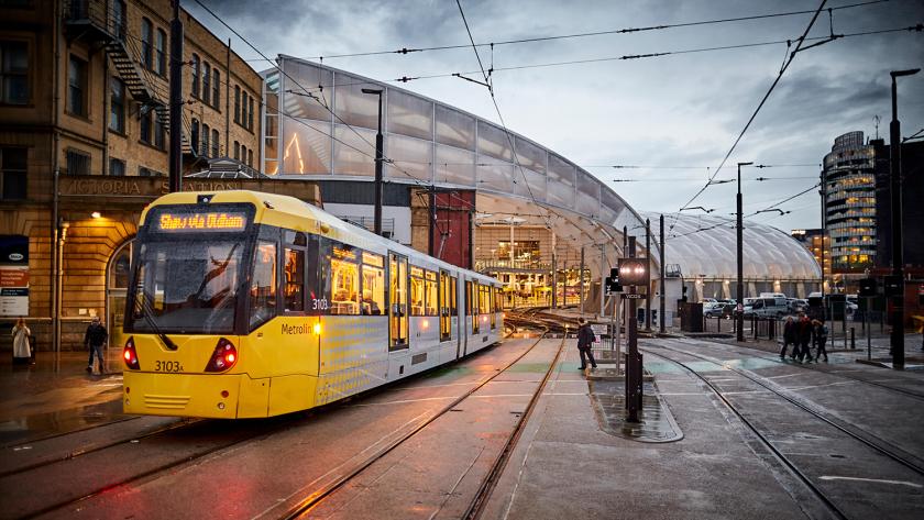 Manchester Metrolink tram leaving Victoria Station.