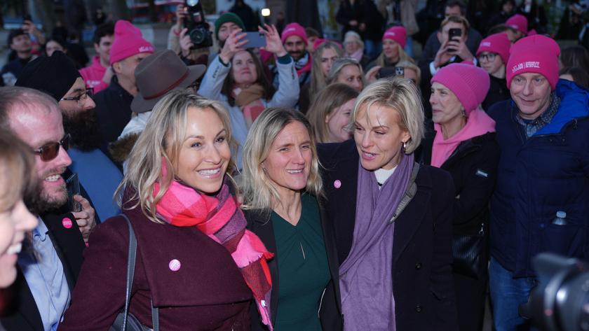 Labour MP Kim Leadbeater (centre) and Rebecca Wilcox (right), daughter of Esther Rantzen, among supporters of Dignity in Dying as they celebrate the result of the vote on the Terminally Ill Adults (End of Life) Bill, outside the Houses of Parliament in Westminster, London.