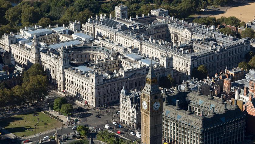 An aerial view of Whitehall and Westminster.