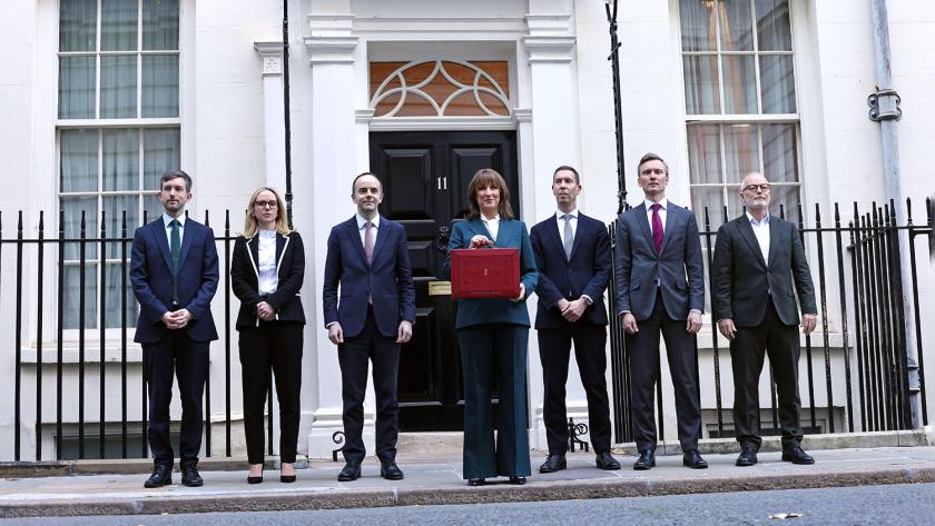 Rachel Reeves, the Chancellor of the Exchequer, stands outside Number 11 Downing Street with the red Budget box before she delivers her second Budget speech