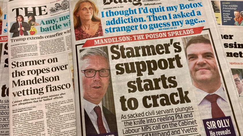 British Newspapers widely report Olly Robbins accuses No10 applying huge pressure to approve security vetting of Peter Mandelson during interrogation.
