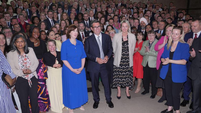 Andy Burnham with colleagues from the Parliamentary Labour Party in Westminster Hall at the Houses of Parliament in central London, as he returns to the House of Commons to take up his seat after winning the Makerfield by-election. 