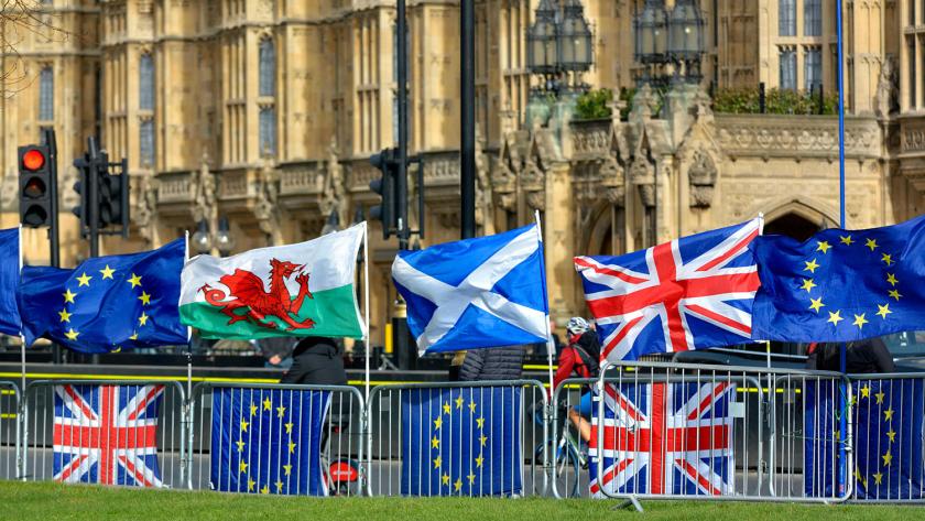 EU, Welsh, Scottish and Union Jack flags flying outside Westminster.