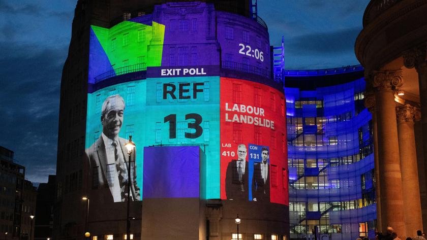 BBC polling projected outside the building for the 2024 election.