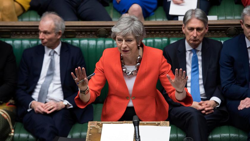 British Prime Minister Theresa May (C) is seen during the Brexit deal vote in the House of Commons in London, Britain, on March 12, 2019. British Prime Minister Theresa May's Brexit deal was rejected again on Tuesday by MPs in the second meaningful vote in the parliament since January, increasing uncertainty about how the country will leave the European Union. 