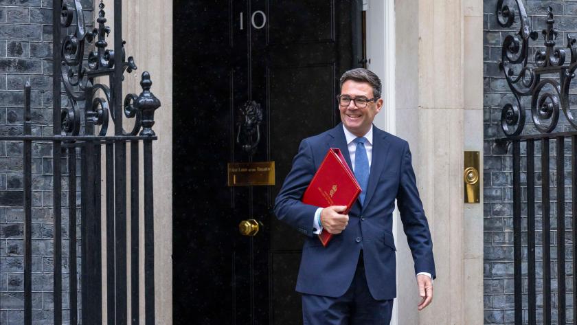 Andy Burnham leaves 10 Downing Street to attend his first PMQs since becoming PM. 