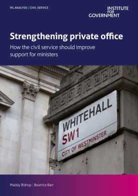 A front cover for a report on the private office. The main image is of a Whitehall street sign. 