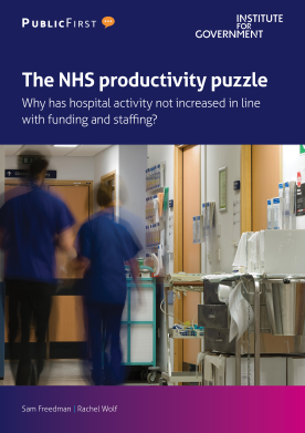 A front cover for a report on the NHS productivity puzzle. The main image is of two NHS staff members walking down a hospital corridor.