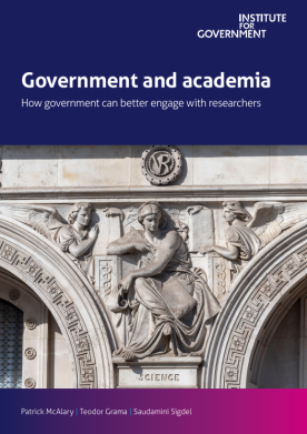 Picture of IfG report cover on government and academia.