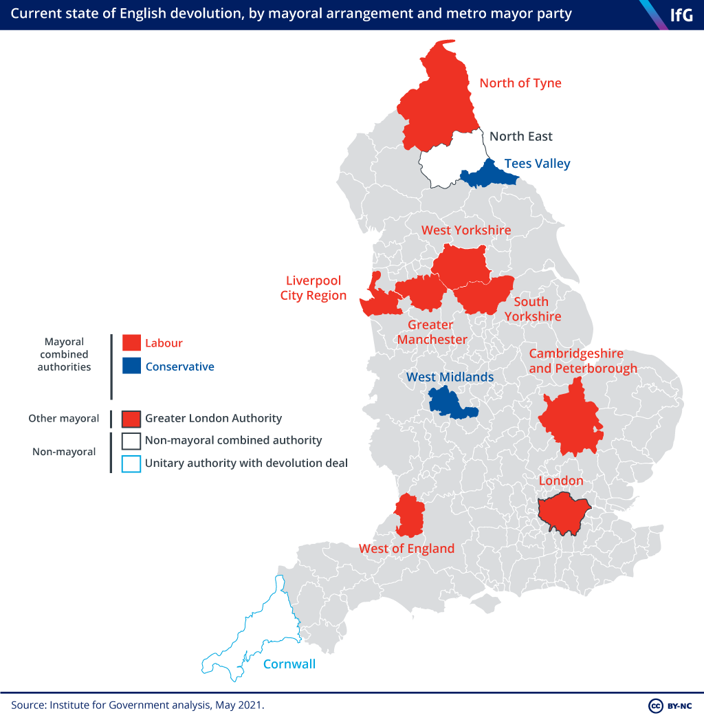 Current state of English devolution, by mayoral arrangement and metro mayor party