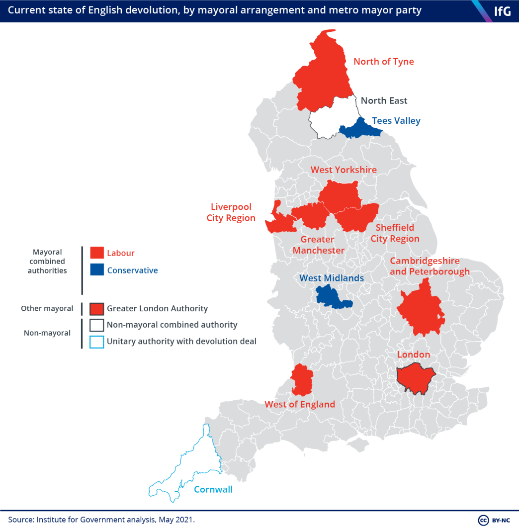 Current state of English devolution, by arrangement and party