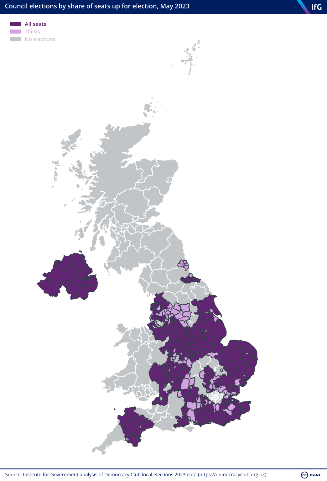 A map of where local elections are taking place in the UK in May 2023.