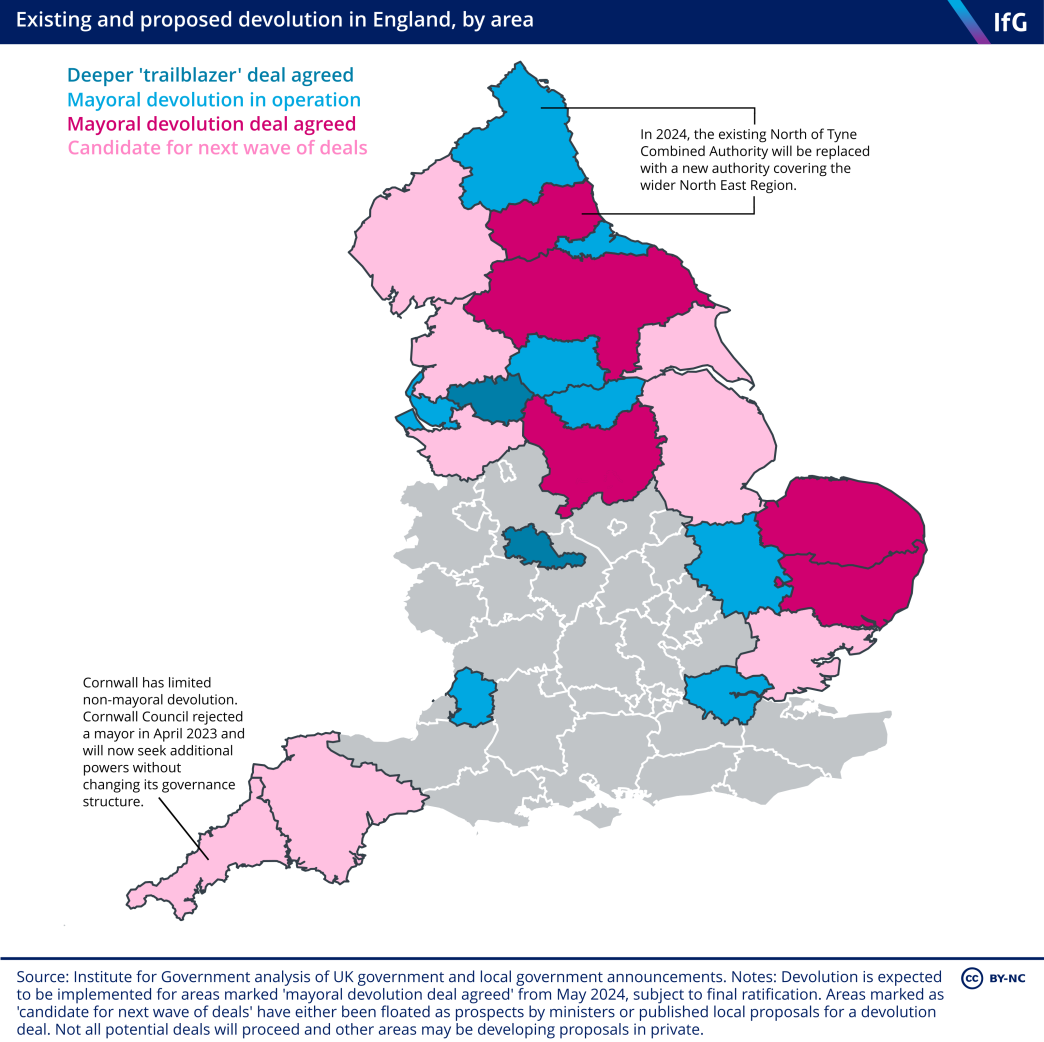 Existing and proposed mayoral devolution in England, by area