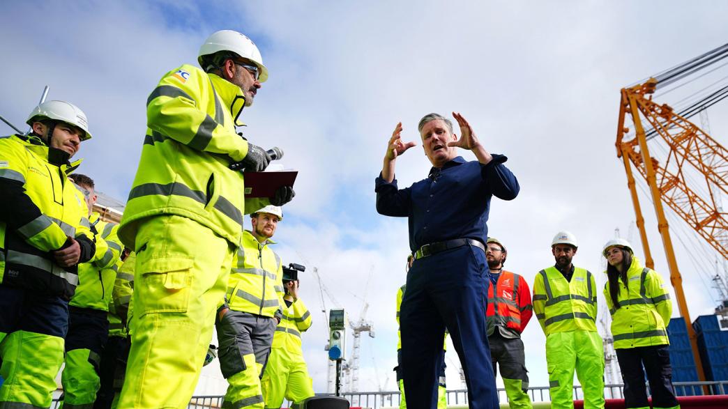 Labour leader Sir Keir Starmer being asked questions as he talks to workers during a visit to Hinkley Point nuclear power station in Somerset as part of his party's work on making Britain a clean energy superpower.