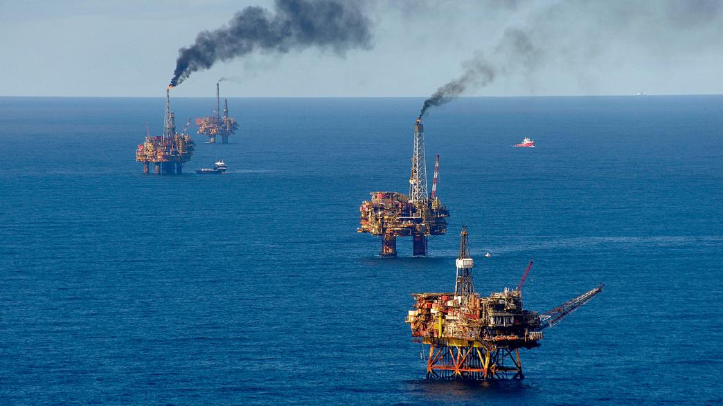 Oil production with platforms in the North Sea.