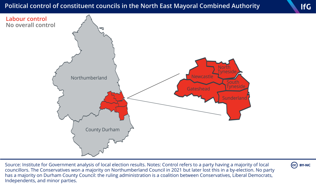 A map of political control of constituent councils in the North East Mayoral Combined Authority. It shows that the five urban constituent authorities are controlled by Labour.