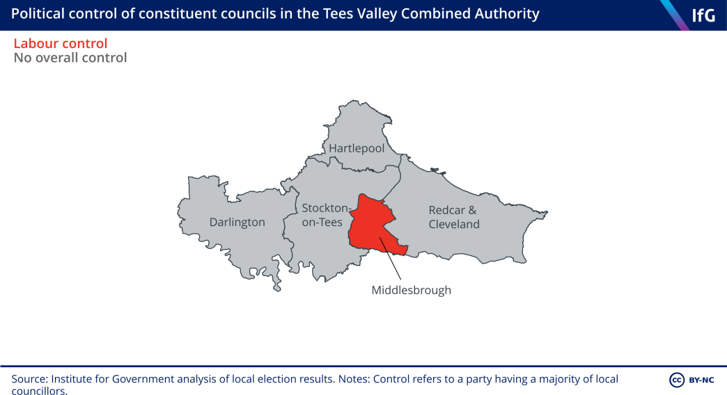 A map of political control of constituent councils in the Tees Valley Combined Authority. It shows that four of the five councils in the region are led by Labour.
