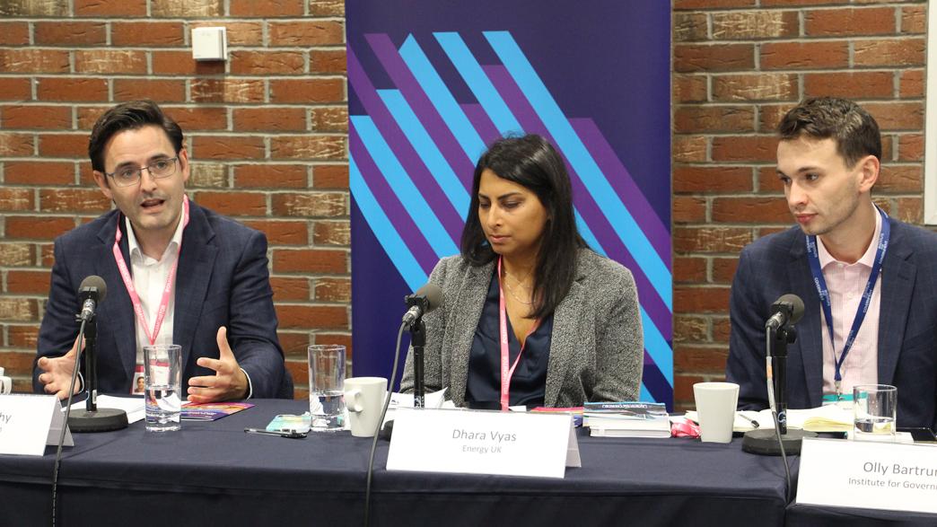 Colm Murphy, Dhara Vyas and Olly Bartrum on a panel at the 2023 Conservative Party Conference.