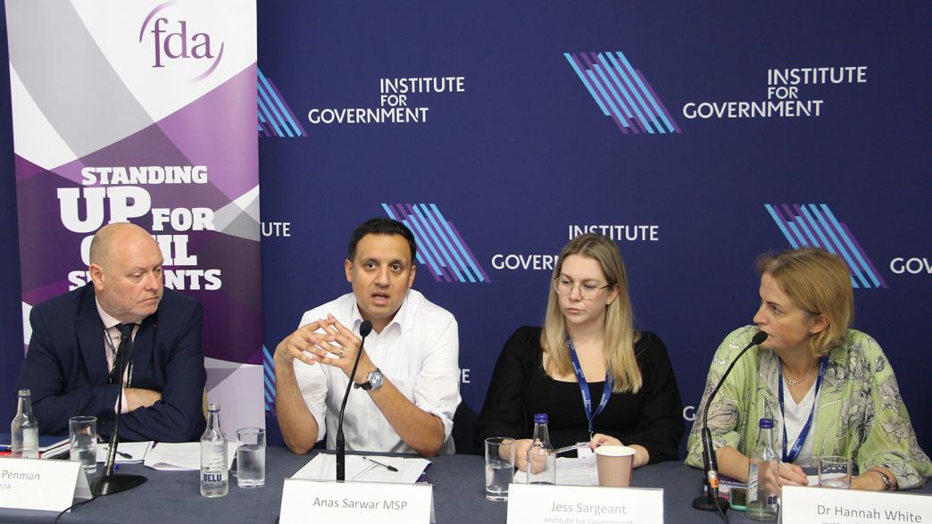 Dave Penman, Anas Sarwar, Jess Sargeant and Dr Hannah White on an IfG/FDA panel at the Labour Party conference in Liverpool