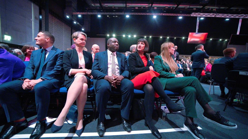 Shadow cabinet members (left to right) Wes Streeting, Yvette Cooper, David Lammy, Rachel Reeves and Angela Rayner, during Labour Party leader Sir Keir Starmer's speech.