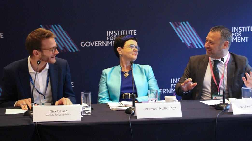 Nick Davies, Baroness Neville-Rolfe and Brendan Clarke-Smith MP on a panel at the 2023 Conservative Party Conference.