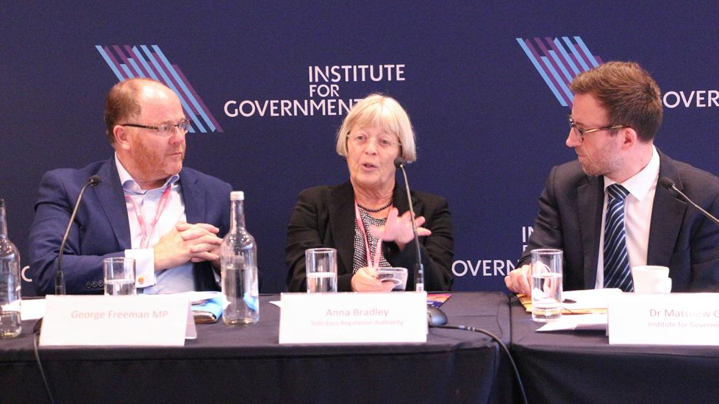George Freeman, Anna Bradley from the SRA and Dr Matthew Gill on a panel at the 2023 Conservative Party Conference in Manchester.
