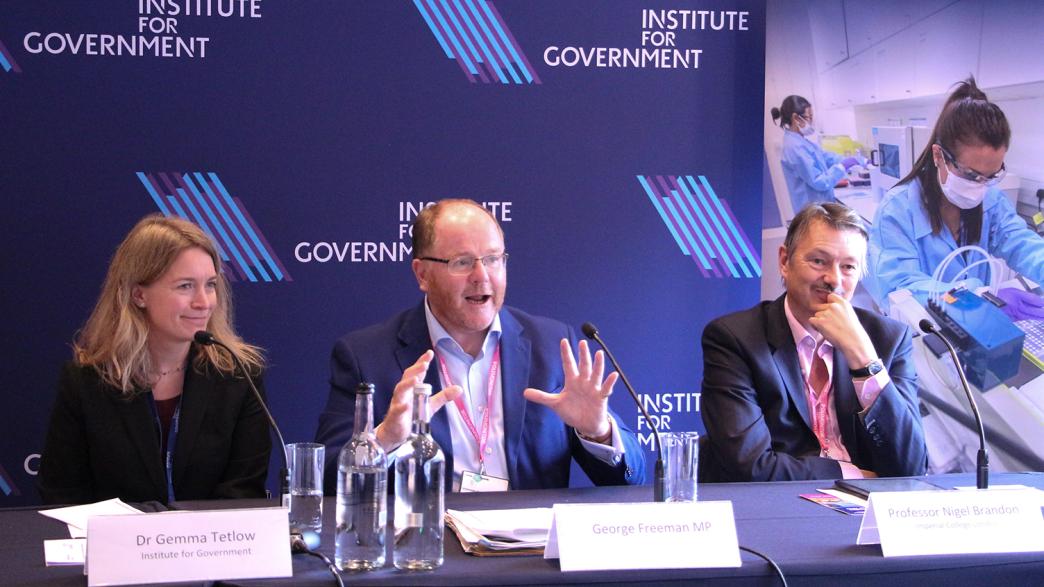 Dr Gemma Tetlow, George Freeman MP and Professor Nigel Brandon on a panel at the 2023 Conservative Party Conference.