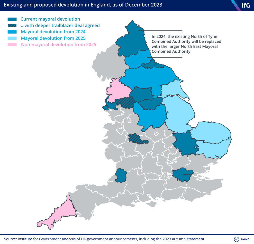 A map from the Institute for Government of England colour-coding areas by their devolution status. It shows that most areas in the North and East have an agreed devolution deal, while there are fewer in the South and West.
