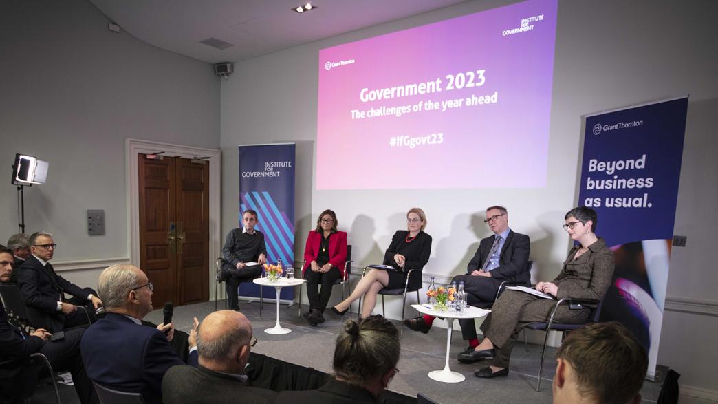 Sam Freedman, Ayesha Hazarika, Dr Hannah White, Paul Johnson and Chloe Smith on stage at the IfG's Government 2023 conference