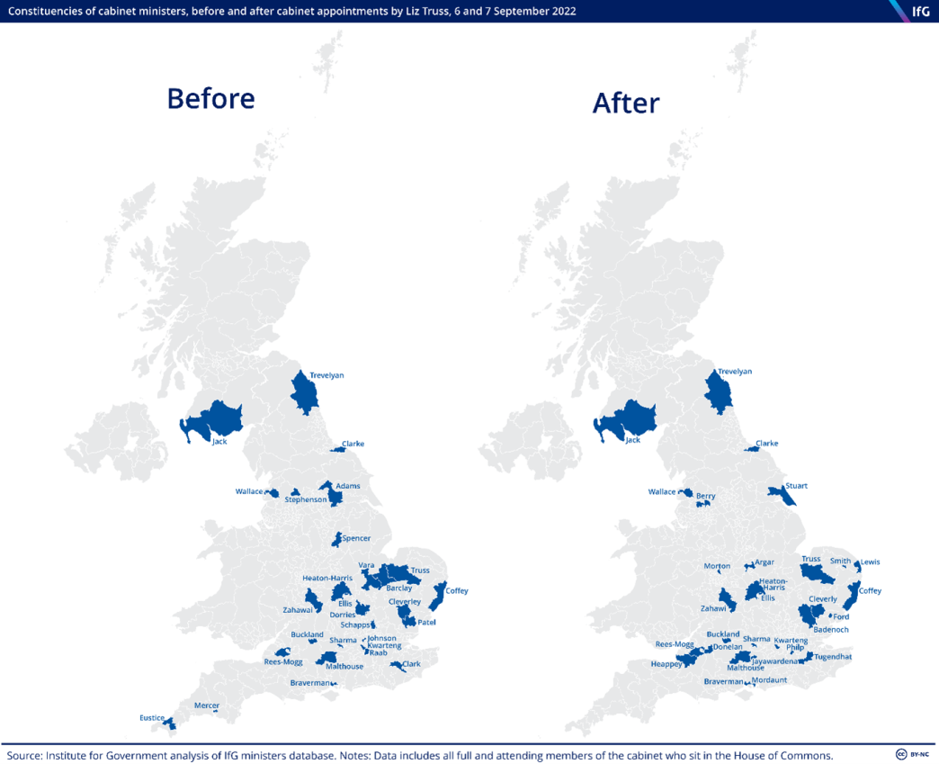 Constituencies of cabinet ministers, before and after cabinet appointments by Liz Truss, 6 and 7 September 2022
