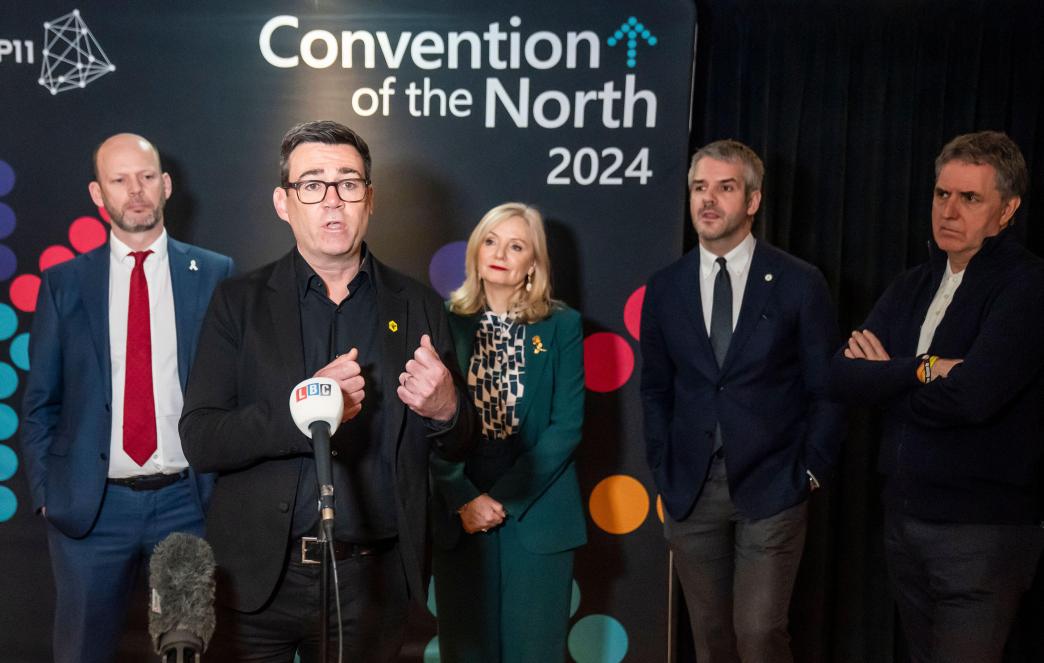 Left to right Jamie Driscoll Mayor North of Tyne, Andy Burnham Mayor of Greater Manchester,Tracy Brabin Mayor of West Yorkshire, Oliver Coppard Mayor of South Yorkshire, Steve Rotheram Mayor of the Liverpool City Region during a press conference at the Convention of the North.