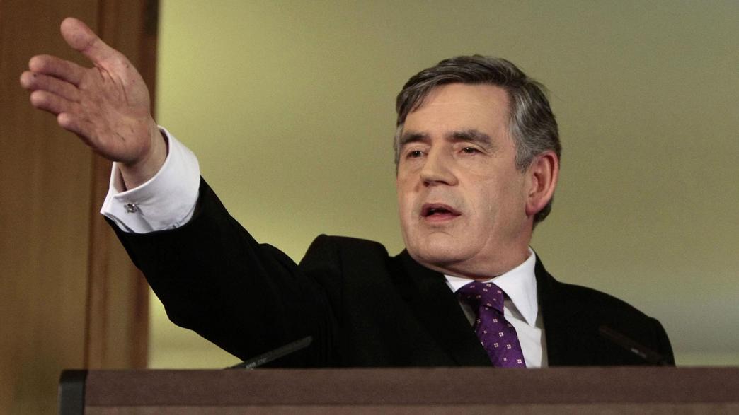 Britain's Prime Minister Gordon Brown calls for questions during his monthly press conference at 10 Downing Street in London in 2009.
