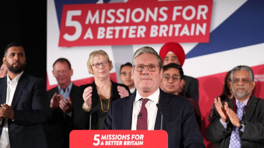 Labour leader Sir Keir Starmer delivers a speech at Port Vale football club in Stoke-on-Trent, Staffordshire, as he unveils the party's policy on crime - the second of five national missions setting out the objectives for a Labour government.