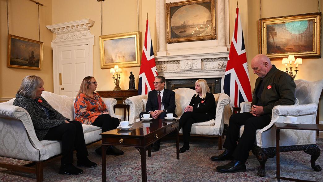 Prime Minister Sir Keir Starmer speaks with Sue Roberts (left), Charlotte Hennessy (second left), Margaret Aspinall (second right) and Steve Kelly (right) during a meeting with family members of the victims of the Hillsborough disaster in Downing Street, London, after the announcement of the Hillsborough Law.
