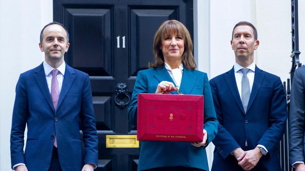 Chancellor, Rachel Reeves, at the door of Number 11 Downing Street before she heads to Parliament, to present her budget.