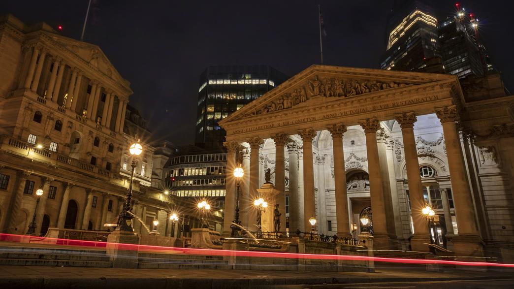 Bank of England at nighttime.