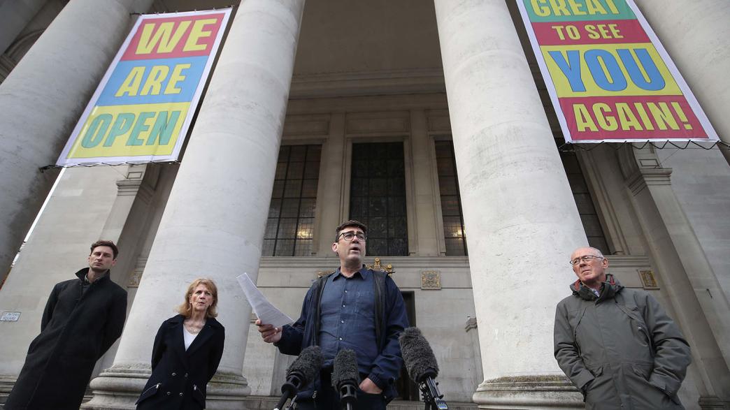 Greater Manchester mayor Andy Burnham speaking to the media outside the Central Library in Manchester, he has threatened legal action if Tier 3 restrictions are imposed without agreement.