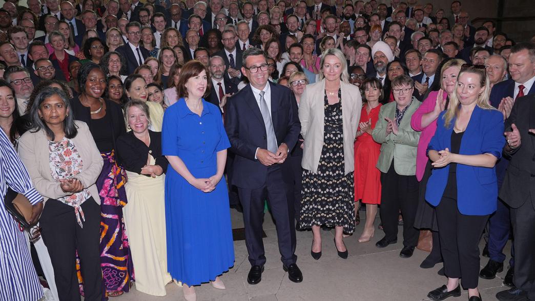 Andy Burnham with colleagues from the Parliamentary Labour Party in Westminster Hall at the Houses of Parliament in central London, as he returns to the House of Commons to take up his seat after winning the Makerfield by-election.