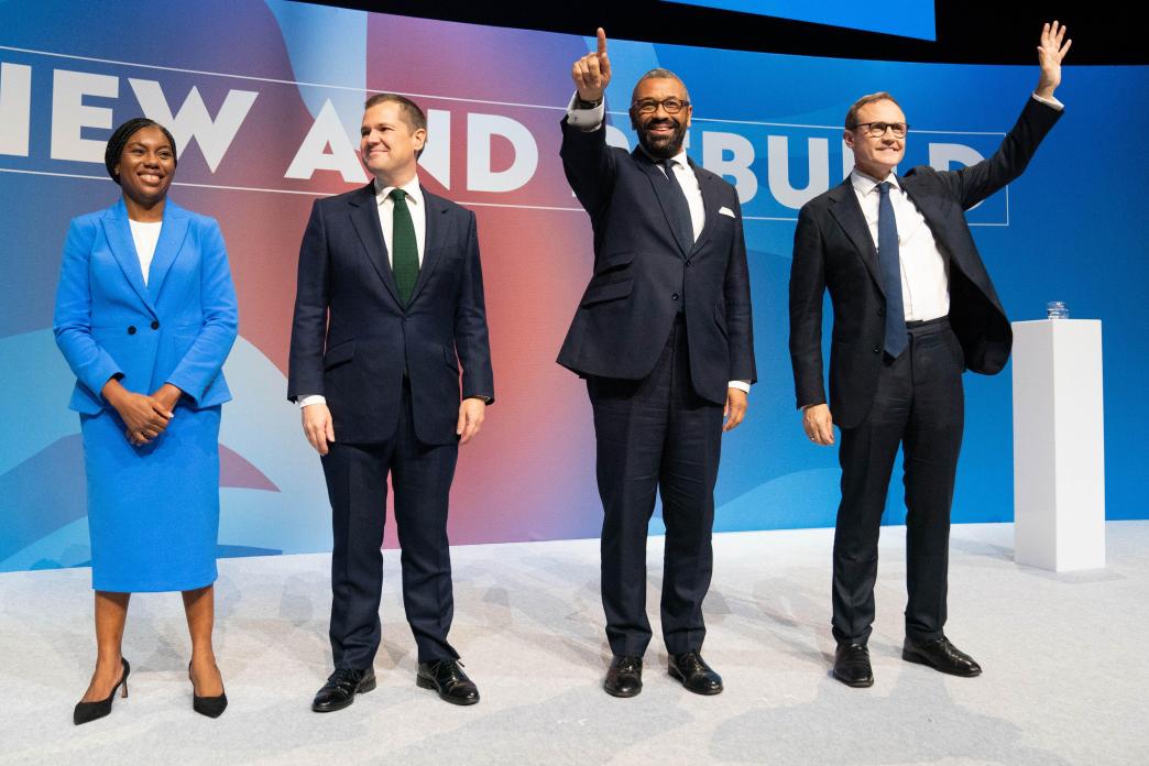 Tory leadership candidates, Kemi Badenoch, Robert Jenrick , James Cleverly and Tom Tugendhat, stand together on stage after delivering their speeches during the Conservative Party Conference at the International Convention Centre in Birmingham.